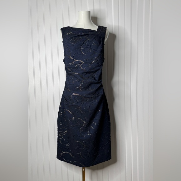 Adrianna Papell Women's Fitted Metallic Strech Mid-Length Dress Navy/Gold Sz 14 - Picture 3 of 9